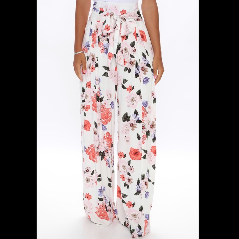 Wide leg floral tie waist dress pants